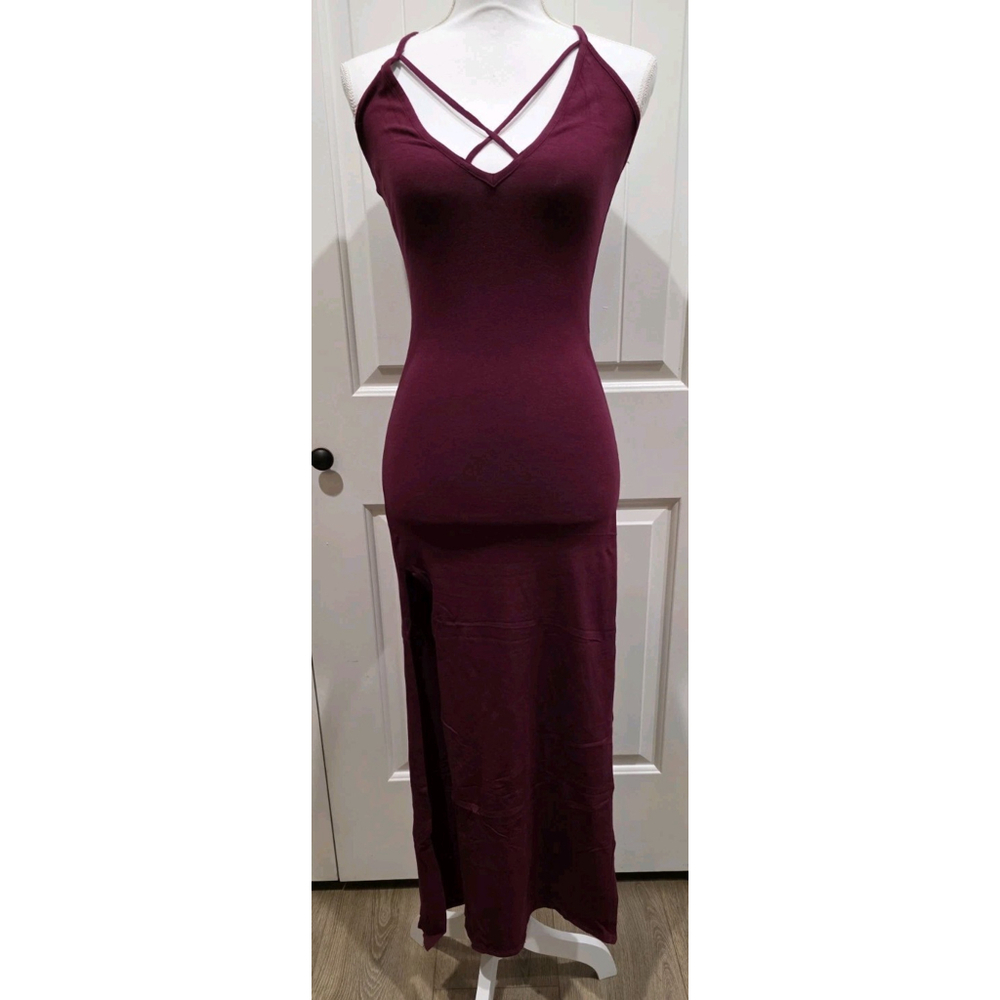 Bozollo Maroon Bodycon Maxi Double Side Slits Criss Cross Front & Back Size M